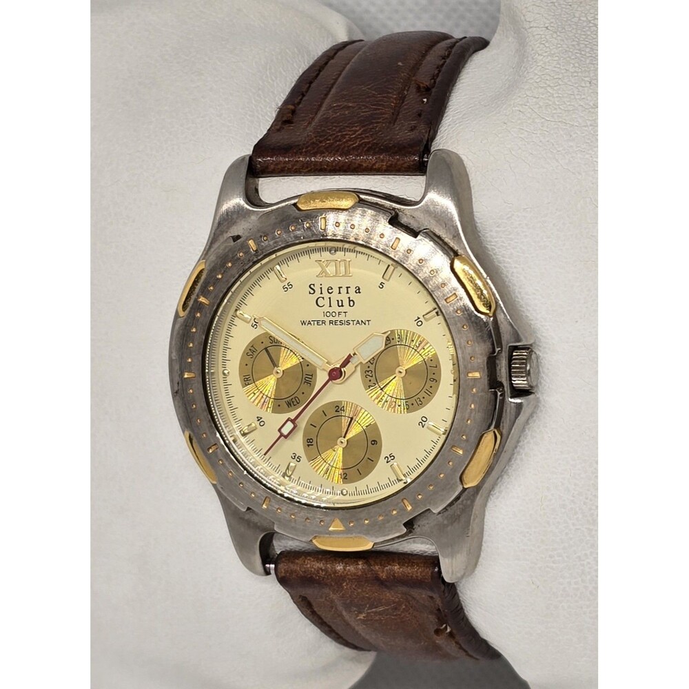 Men's Sierra Club Classic 3 Eye Silver Gold Tone Case Brown Strap Watch 13 - Picture 2 of 10